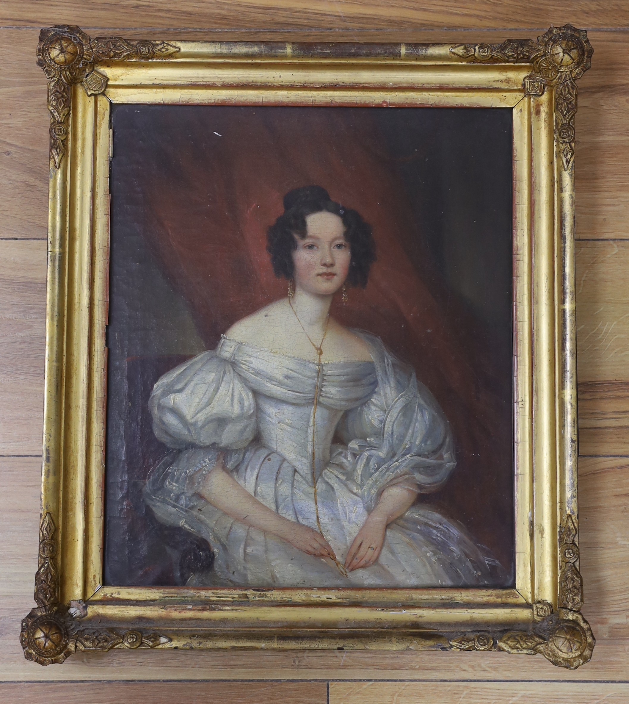 Attributed to William Bradley (1801-1857), oil on canvas, Portrait of Ellen Maingay, daughter of Thomas Maingay Havelet (1816-1865), 34.5 x 29cm